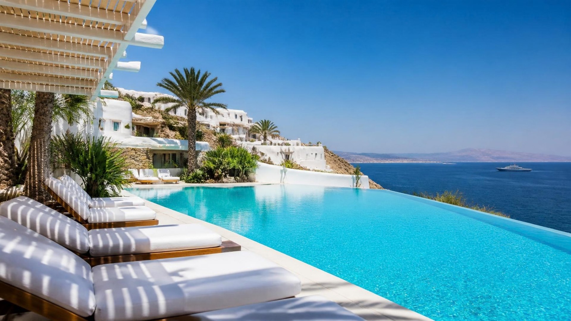 Resort otelin havuzu ve deniz manzarası